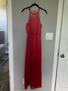 Women’s Coral Red Maxi Dress with Gold Accent